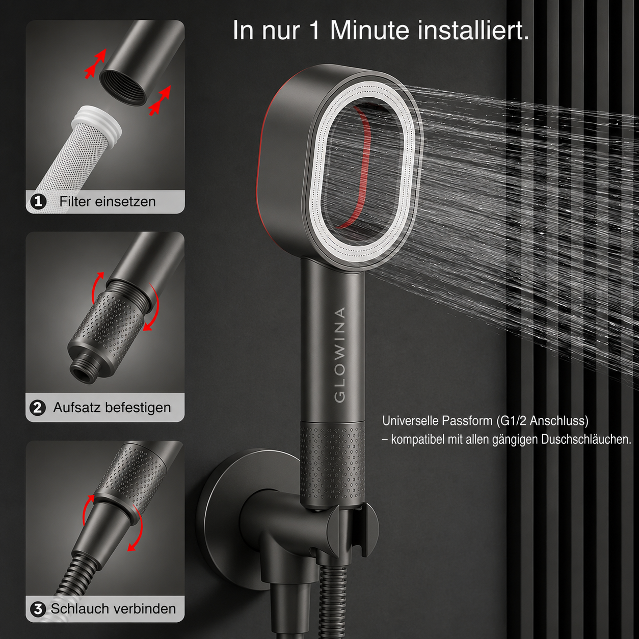 Glowina - Premium Filter Duschkopf mit Massage Aufsatz